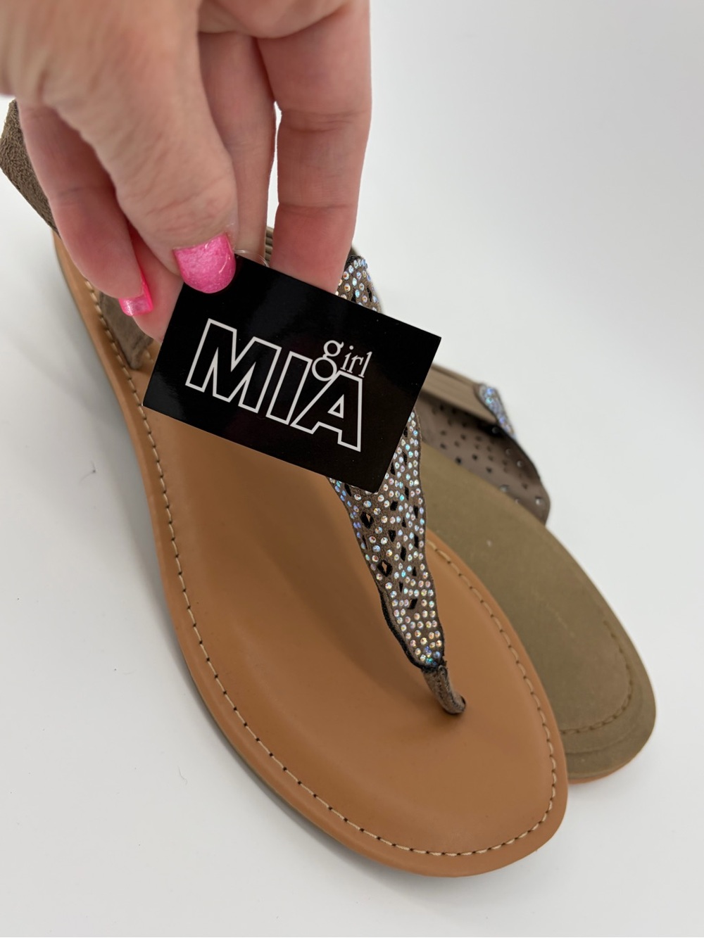 MIA Girl Tan Rhinestone T-Strap Sandals with Metallic Accents